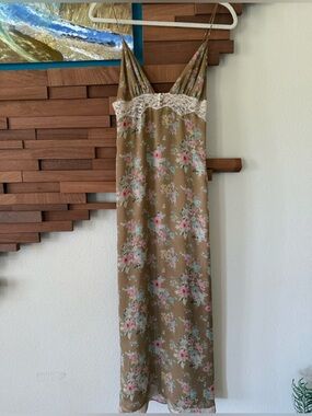 Zara Floral Lace-Trim Slip Dress - Tan with Pink & Green